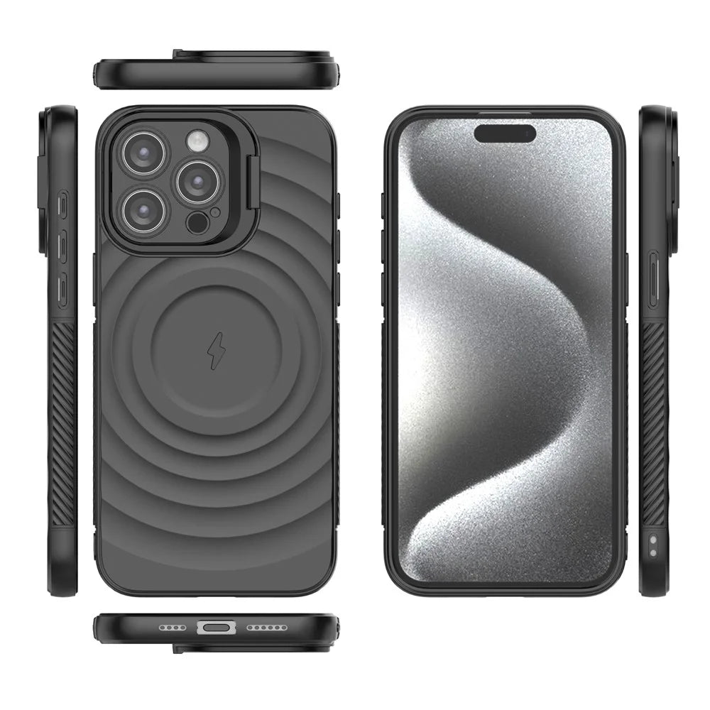 For iPhone 16 Pro Magnetic Case PC Kickstand Ripple Texture TPU Phone Cover - Black - 6