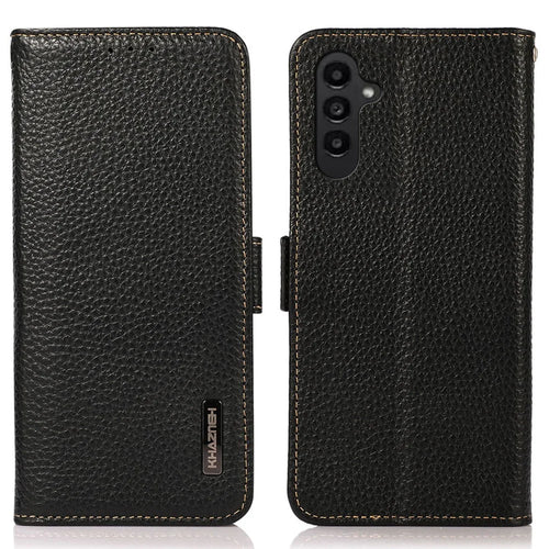 KHAZNEH For Samsung Galaxy S24 FE Phone Case RFID Blocking Genuine Cow Leather Flip Cover - Black - 1