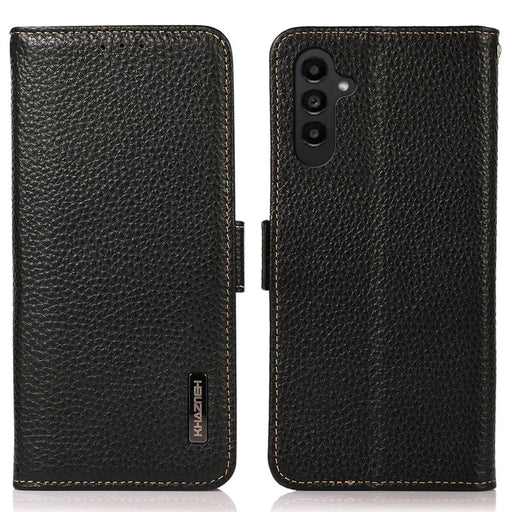 KHAZNEH For Samsung Galaxy S24 FE Phone Case RFID Blocking Genuine Cow Leather Flip Cover - Black - 1