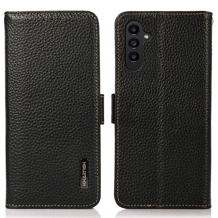 KHAZNEH For Samsung Galaxy S24 FE Phone Case RFID Blocking Genuine Cow Leather Flip Cover - Black - 1
