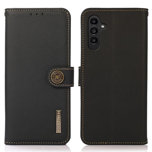 KHAZNEH For Samsung Galaxy S24 FE Case RFID Blocking Genuine Cow Leather RFID Blocking Wallet Phone Cover - Black - 1