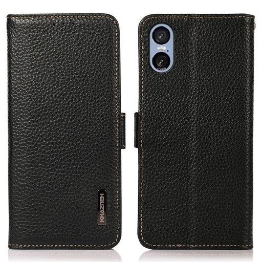 KHAZNEH For Sony Xperia 5 VI Case RFID Blocking Genuine Cow Leather Phone Cover - Black - 1
