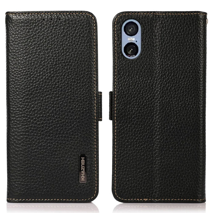 KHAZNEH For Sony Xperia 5 VI Case RFID Blocking Genuine Cow Leather Phone Cover - Black - 1
