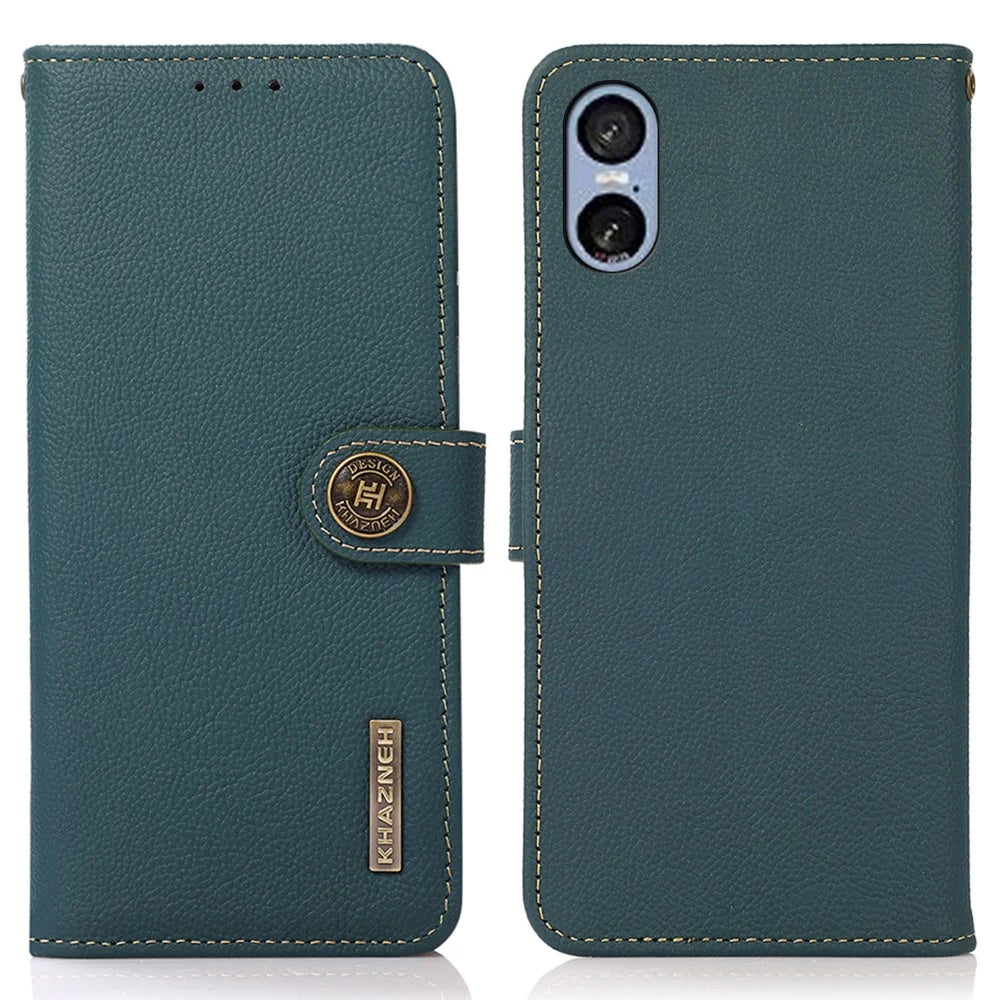 KHAZNEH For Sony Xperia 5 VI Wallet Case Genuine Cow Leather Phone Cover RFID Blocking - Green - 1