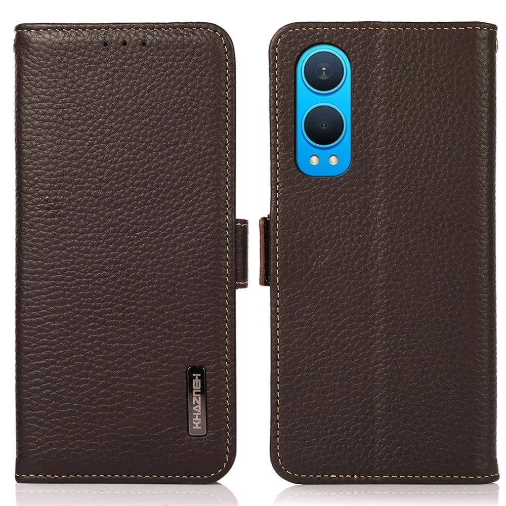 KHAZNEH For OnePlus Nord CE4 Lite 5G / Oppo K12x 5G (China) Phone Case Genuine Cow Leather Cover RFID Blocking - Brown - 1