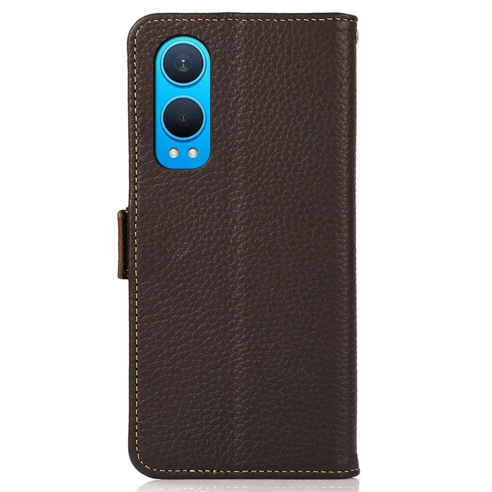 KHAZNEH For OnePlus Nord CE4 Lite 5G / Oppo K12x 5G (China) Phone Case Genuine Cow Leather Cover RFID Blocking - Brown - 7