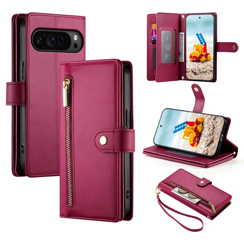 DF-011 For Google Pixel 9 Pro XL Leather Case Zipper Wallet Stand Crossbody Phone Cover - Red - 1