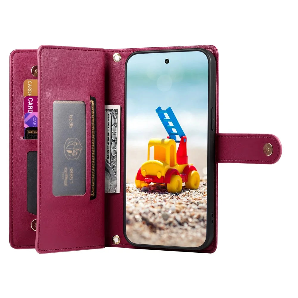 DF-011 For Google Pixel 9 Pro XL Leather Case Zipper Wallet Stand Crossbody Phone Cover - Red - 2