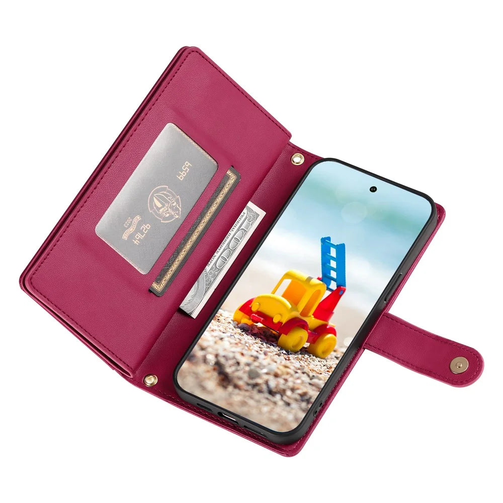 DF-011 For Google Pixel 9 Pro XL Leather Case Zipper Wallet Stand Crossbody Phone Cover - Red - 3