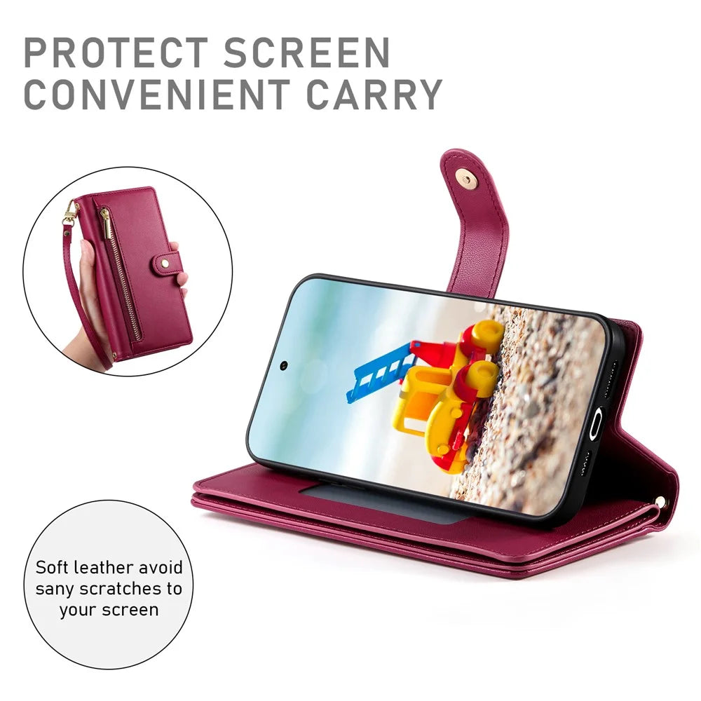 DF-011 For Google Pixel 9 Pro XL Leather Case Zipper Wallet Stand Crossbody Phone Cover - Red - 4