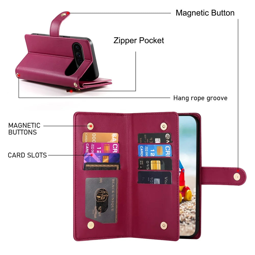 DF-011 For Google Pixel 9 Pro XL Leather Case Zipper Wallet Stand Crossbody Phone Cover - Red - 6