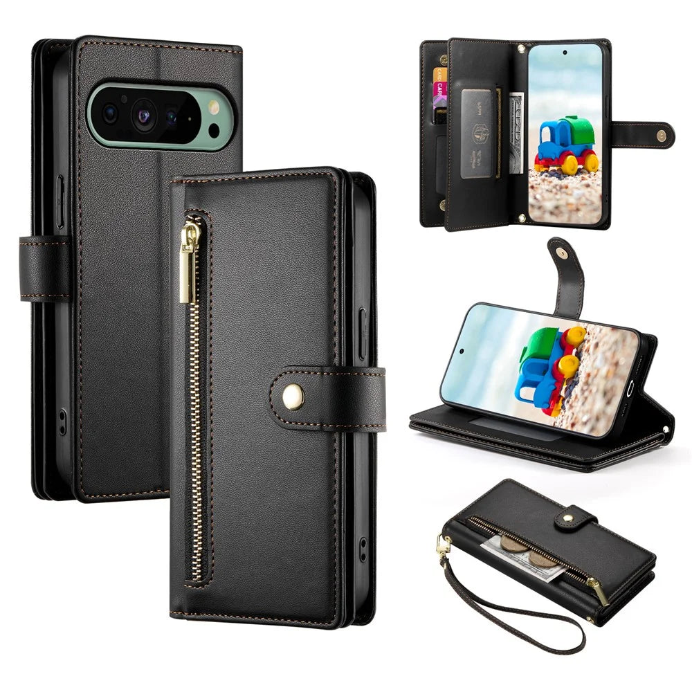 DF-011 For Google Pixel 9 / Pixel 9 Pro Case Multiple Card Slots Zipper PU Leather Phone Cover - Black - 1