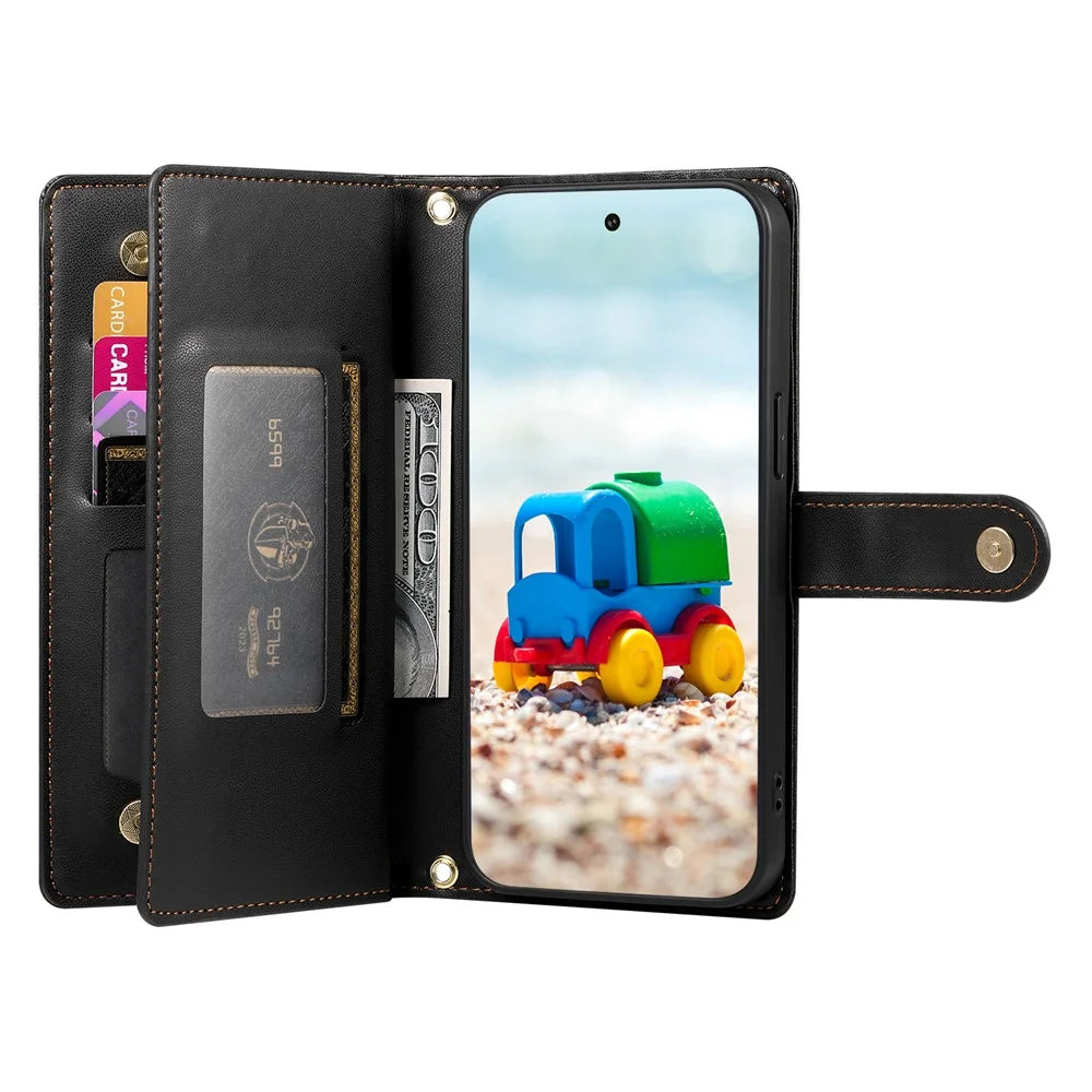 DF-011 For Google Pixel 9 / Pixel 9 Pro Case Multiple Card Slots Zipper PU Leather Phone Cover - Black - 2