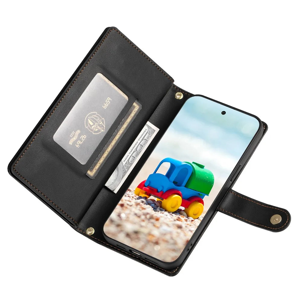 DF-011 For Google Pixel 9 / Pixel 9 Pro Case Multiple Card Slots Zipper PU Leather Phone Cover - Black - 3