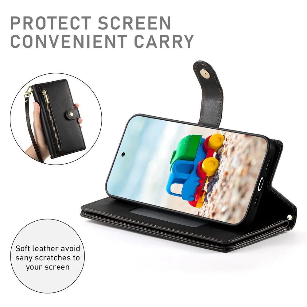 DF-011 For Google Pixel 9 / Pixel 9 Pro Case Multiple Card Slots Zipper PU Leather Phone Cover - Black - 4