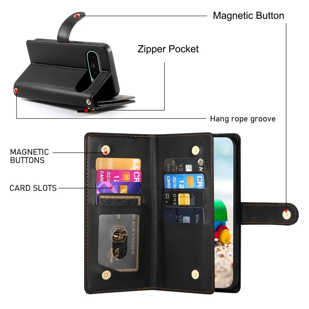 DF-011 For Google Pixel 9 / Pixel 9 Pro Case Multiple Card Slots Zipper PU Leather Phone Cover - Black - 6