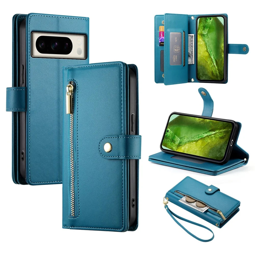 DF-011 For Google Pixel 8a Case Zipper Pocket Stand Leather Phone Cover with Shoulder Strap - Blue - 1