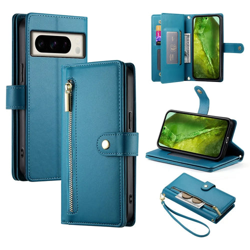 DF-011 For Google Pixel 8a Case Zipper Pocket Stand Leather Phone Cover with Shoulder Strap - Blue - 1