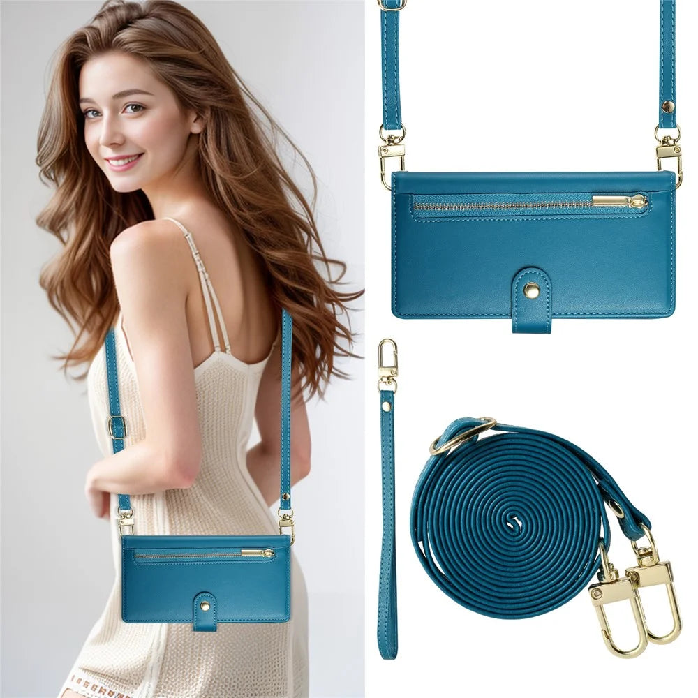 DF-011 For Google Pixel 8a Case Zipper Pocket Stand Leather Phone Cover with Shoulder Strap - Blue - 5