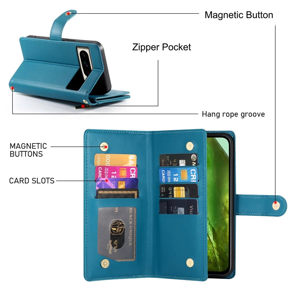 DF-011 For Google Pixel 8a Case Zipper Pocket Stand Leather Phone Cover with Shoulder Strap - Blue - 6