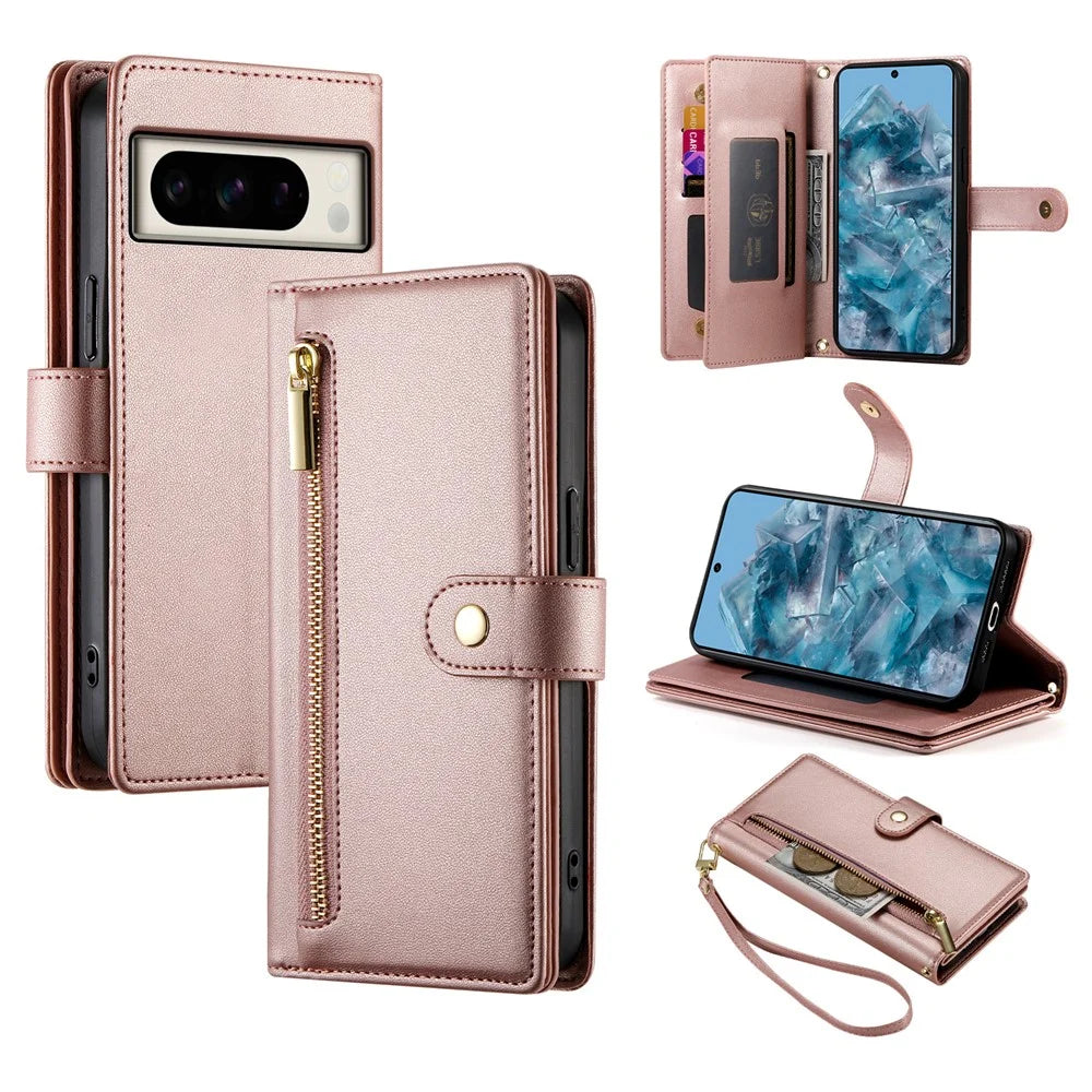 DF-011 For Google Pixel 8 Pro Case Card Slots PU Leather Zipper Pocket Phone Cover - Pink - 1