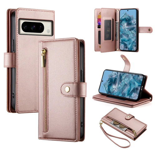 DF-011 For Google Pixel 8 Pro Case Card Slots PU Leather Zipper Pocket Phone Cover - Pink - 1