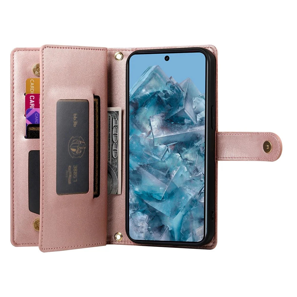 DF-011 For Google Pixel 8 Pro Case Card Slots PU Leather Zipper Pocket Phone Cover - Pink - 2