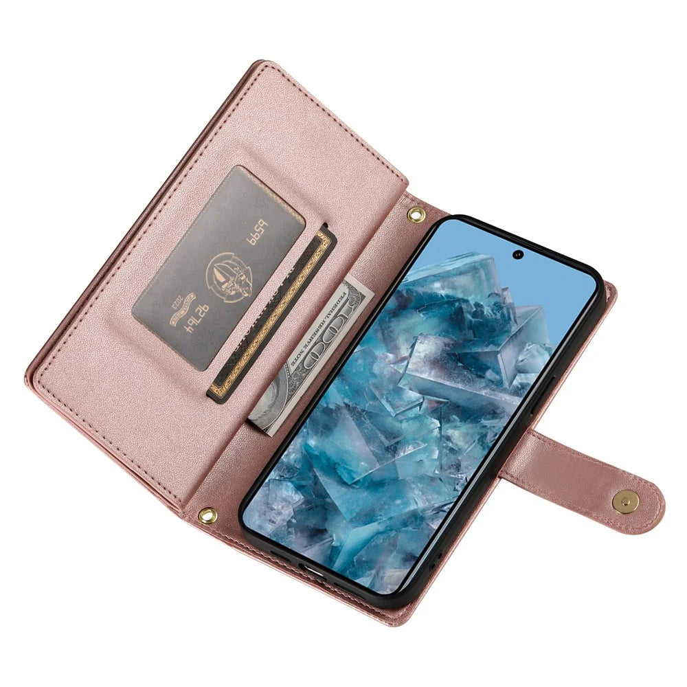 DF-011 For Google Pixel 8 Pro Case Card Slots PU Leather Zipper Pocket Phone Cover - Pink - 3