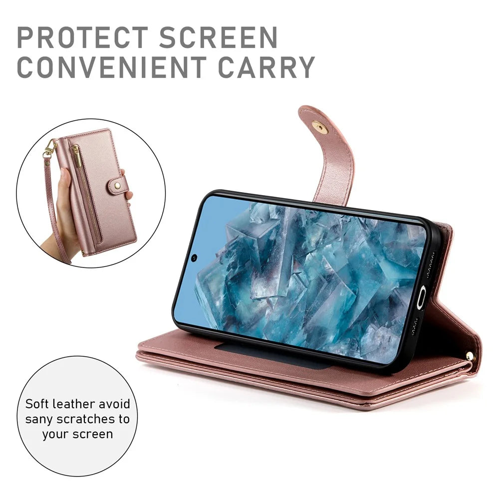 DF-011 For Google Pixel 8 Pro Case Card Slots PU Leather Zipper Pocket Phone Cover - Pink - 4