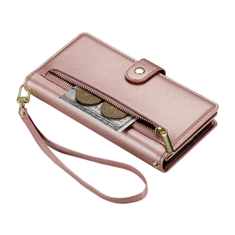 DF-011 For Google Pixel 8 Pro Case Card Slots PU Leather Zipper Pocket Phone Cover - Pink - 7