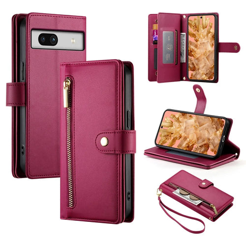 DF-011 For Google Pixel 8 Case Crossbody Leather Phone Cover with Zipper Wallet Card Slots - Red - 1