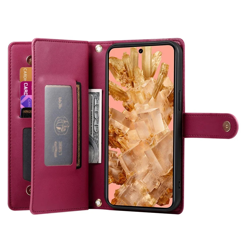 DF-011 For Google Pixel 8 Case Crossbody Leather Phone Cover with Zipper Wallet Card Slots - Red - 2