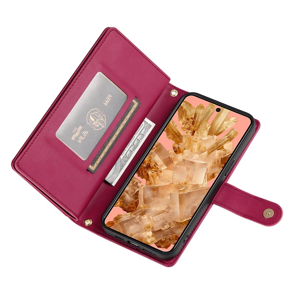 DF-011 For Google Pixel 8 Case Crossbody Leather Phone Cover with Zipper Wallet Card Slots - Red - 3