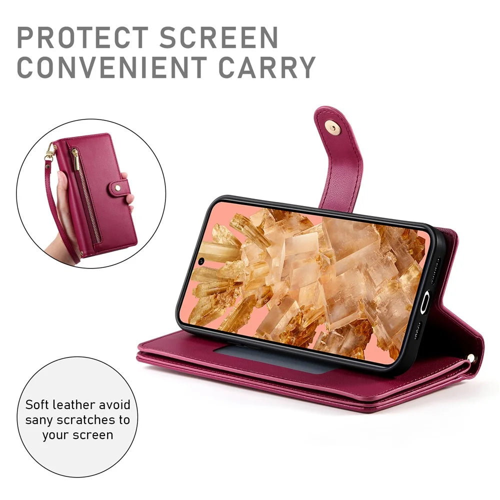 DF-011 For Google Pixel 8 Case Crossbody Leather Phone Cover with Zipper Wallet Card Slots - Red - 4
