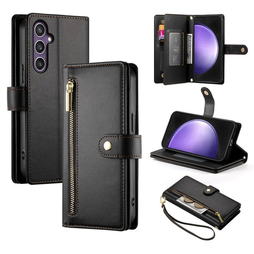 DF-011 For Samsung Galaxy S23 FE Case PU Leather Zipper Wallet Phone Cover with Straps - Black - 1