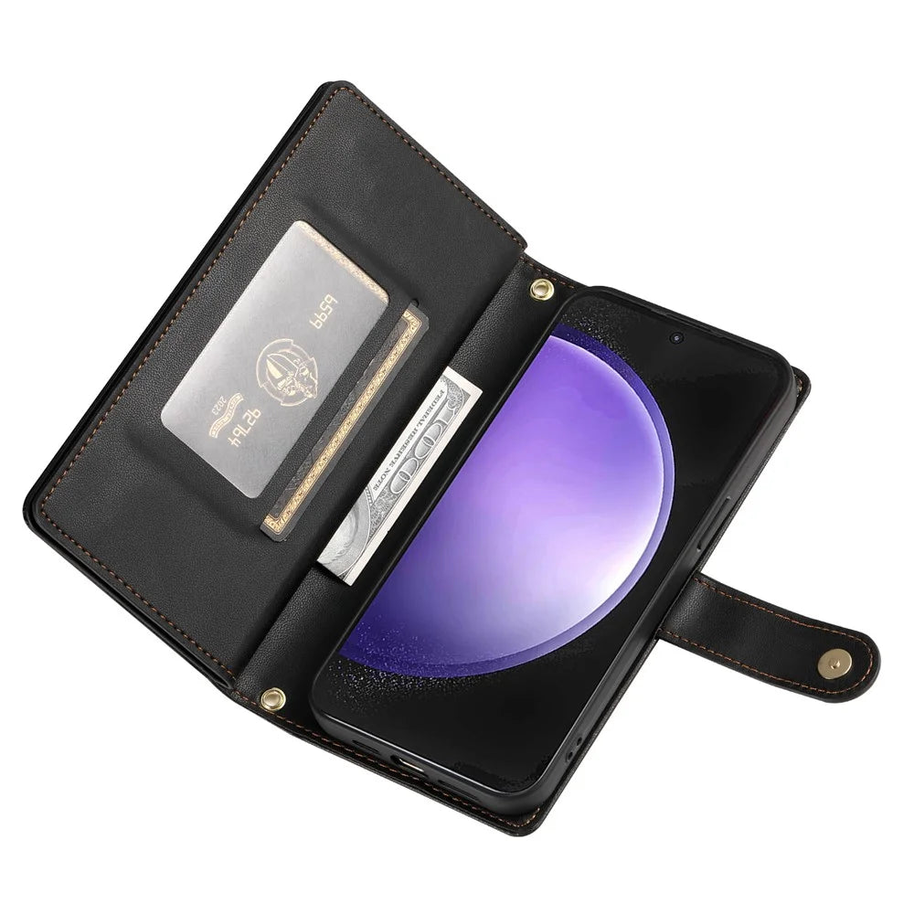 DF-011 For Samsung Galaxy S23 FE Case PU Leather Zipper Wallet Phone Cover with Straps - Black - 3