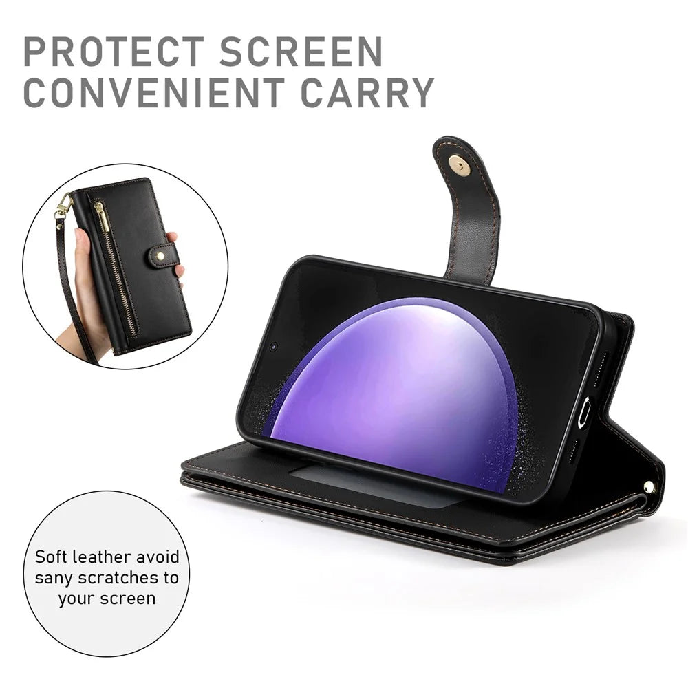 DF-011 For Samsung Galaxy S23 FE Case PU Leather Zipper Wallet Phone Cover with Straps - Black - 4