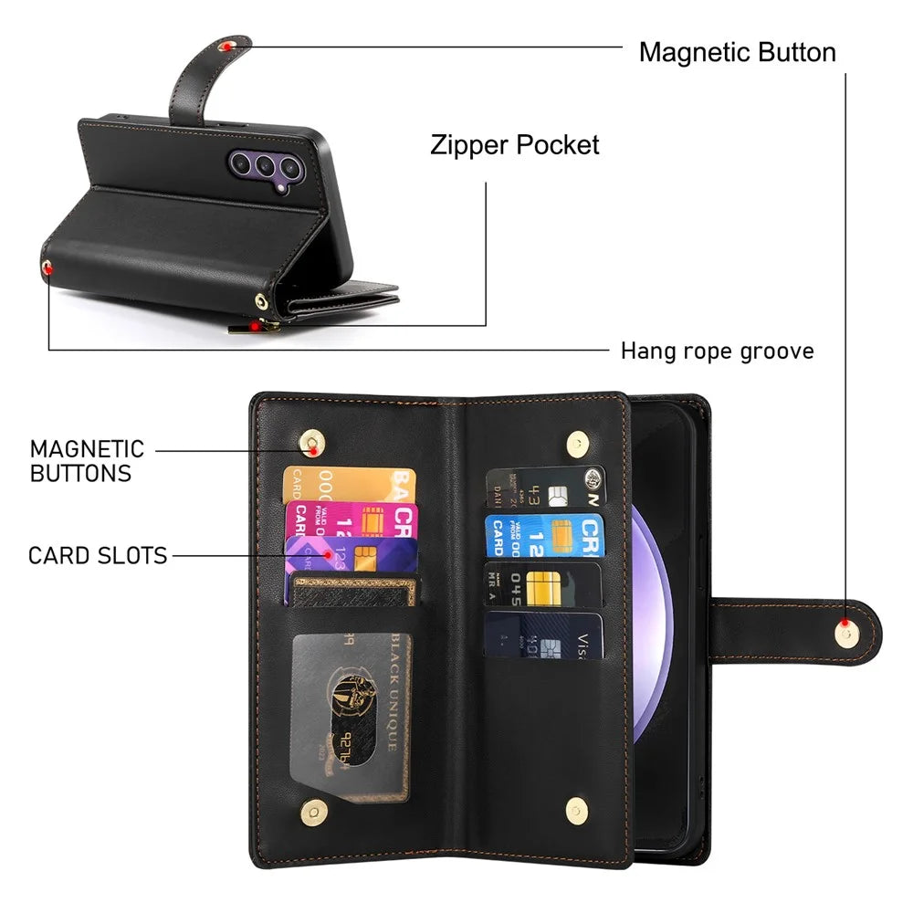 DF-011 For Samsung Galaxy S23 FE Case PU Leather Zipper Wallet Phone Cover with Straps - Black - 6