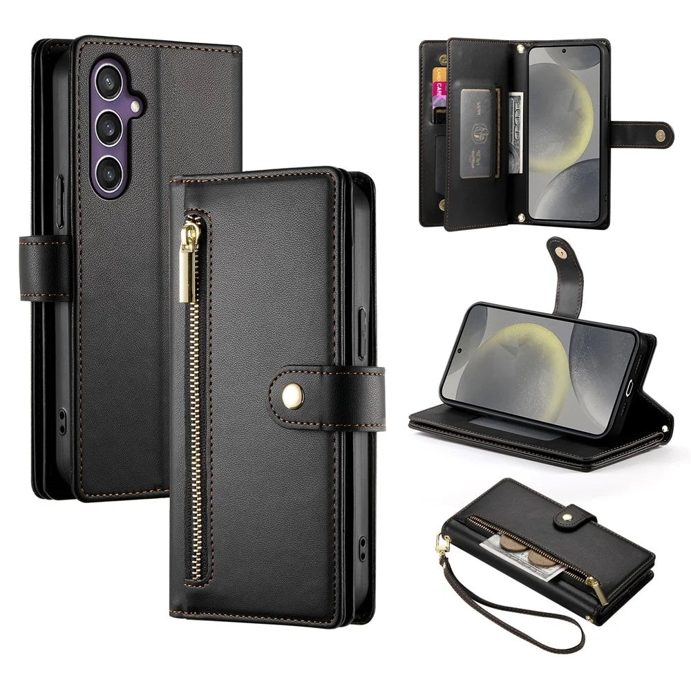 DF-011 For Samsung Galaxy S24 Case PU Leather Crossbody Phone Cover with Zipper Pocket - Black - 1
