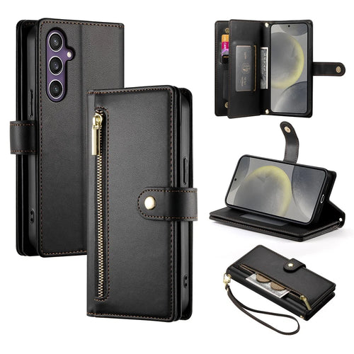 DF-011 For Samsung Galaxy S24 Case PU Leather Crossbody Phone Cover with Zipper Pocket - Black - 1