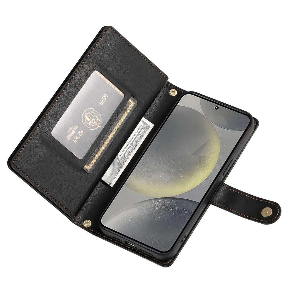 DF-011 For Samsung Galaxy S24 Case PU Leather Crossbody Phone Cover with Zipper Pocket - Black - 3
