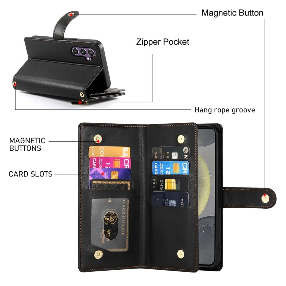 DF-011 For Samsung Galaxy S24 Case PU Leather Crossbody Phone Cover with Zipper Pocket - Black - 6