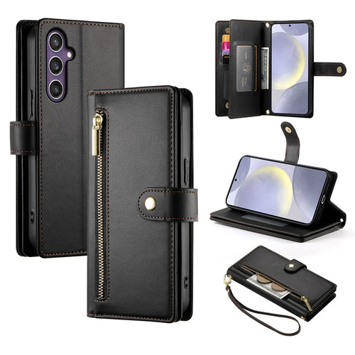 DF-011 For Samsung Galaxy S24+ Case Zipper Pocket Stand Leather Phone Cover with Straps - Black - 1