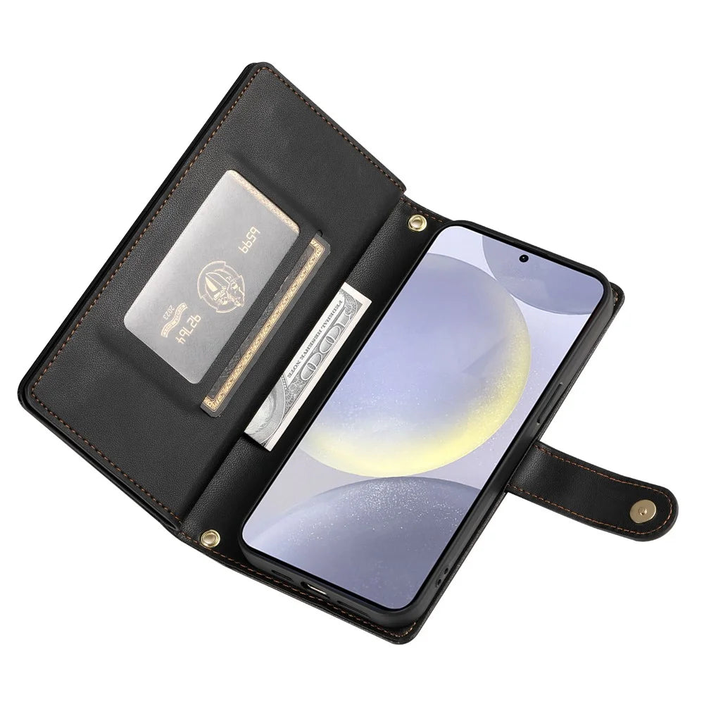 DF-011 For Samsung Galaxy S24+ Case Zipper Pocket Stand Leather Phone Cover with Straps - Black - 3