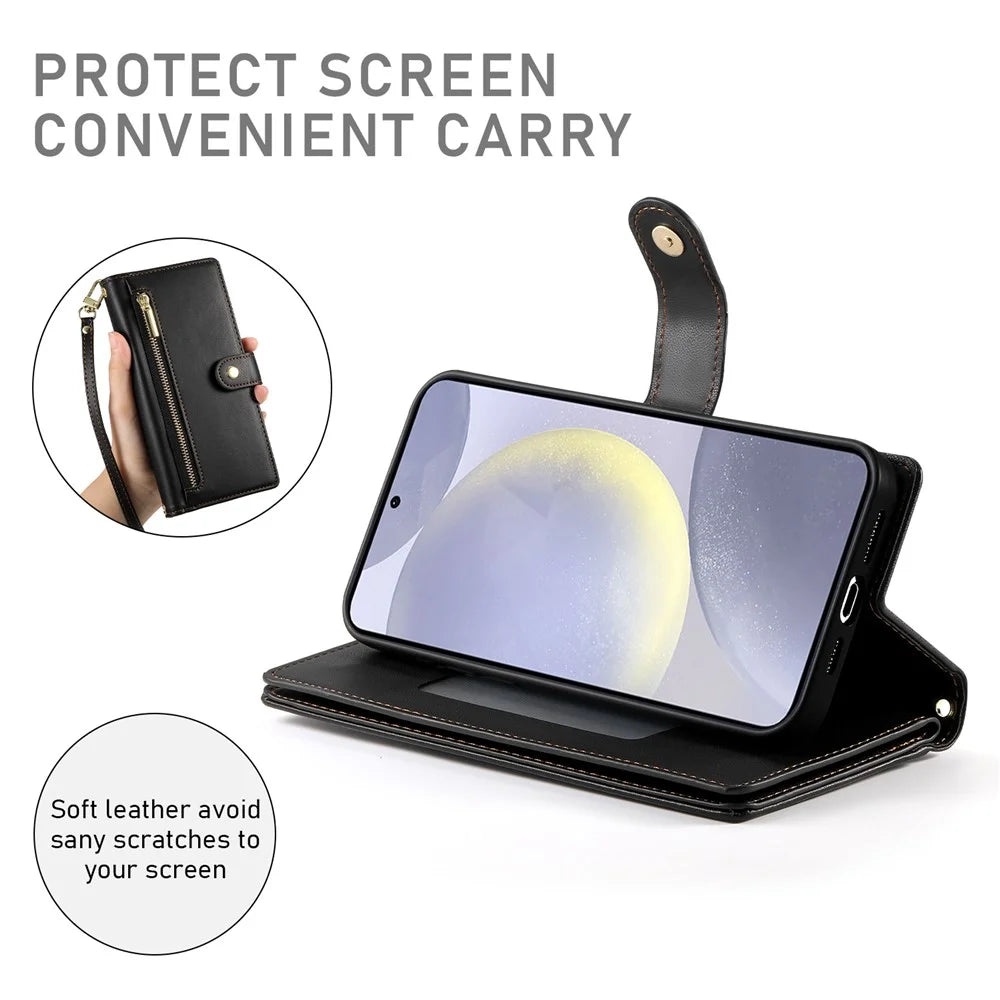 DF-011 For Samsung Galaxy S24+ Case Zipper Pocket Stand Leather Phone Cover with Straps - Black - 4