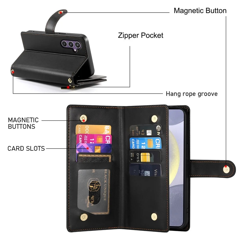 DF-011 For Samsung Galaxy S24+ Case Zipper Pocket Stand Leather Phone Cover with Straps - Black - 6