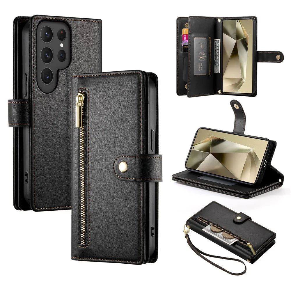 DF-011 For Samsung Galaxy S24 Ultra Case with Shoulder Strap Zipper Leather Phone Cover - Black - 1