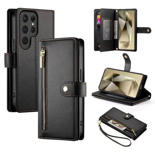 DF-011 For Samsung Galaxy S24 Ultra Case with Shoulder Strap Zipper Leather Phone Cover - Black - 1