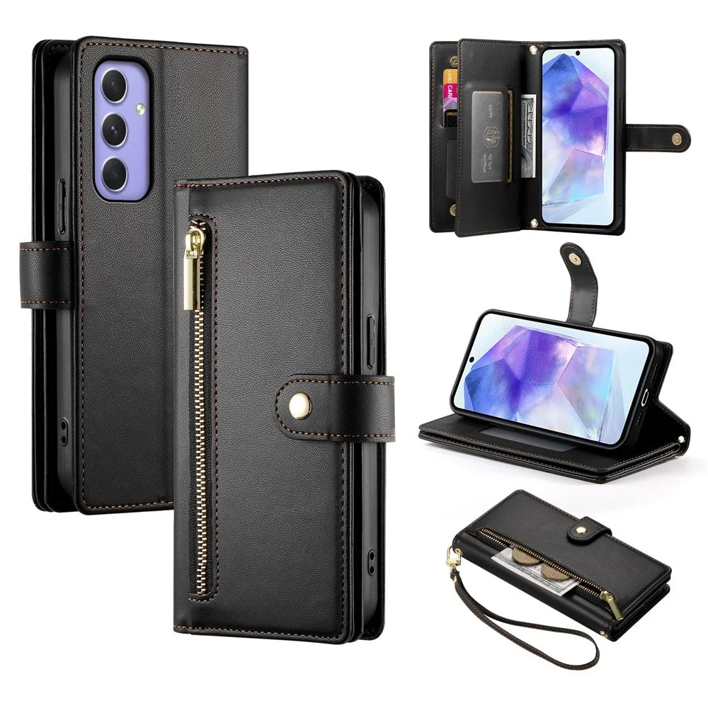 DF-011 For Samsung Galaxy A55 5G Case Zipper Pocket Leather Cover with Multiple Card Slots - Black - 1