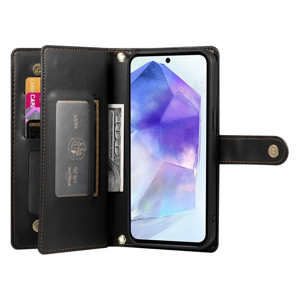 DF-011 For Samsung Galaxy A55 5G Case Zipper Pocket Leather Cover with Multiple Card Slots - Black - 2